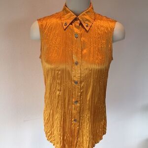 Calvin Klein button down sleeveless gold crinkle top shirt 100% Silk size 2